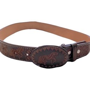 JM Tooled Leather Belt & Buckle Western Cowboy Cowgirl Ranch Equestrian Rodeo 36